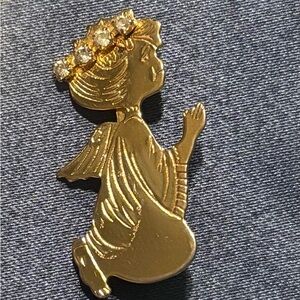 Praying Angel Halo Pin Brooch Gold Colored with Rhinestones - Vintage